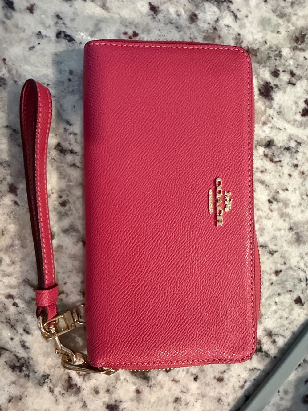 Coach Hot Pink Leather Zip Wristlet Wallet with Gold Logo